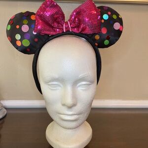 Disney Parks Multicolor Dots Minnie Ears With Pink Bow - NWT